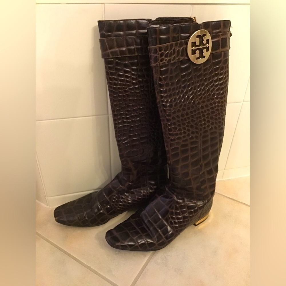 Tory Burch Brown Croc-Embossed Leather Knee Boots